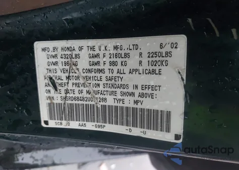 2002 Honda Cr-V Lx from USA, damaged, VIN SHSRD68482U001268